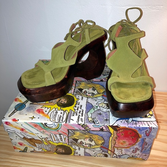 IDOLIZE olive suede brown Jeffrey Campbell wooden platforms BRAND NEW - Picture 4 of 4